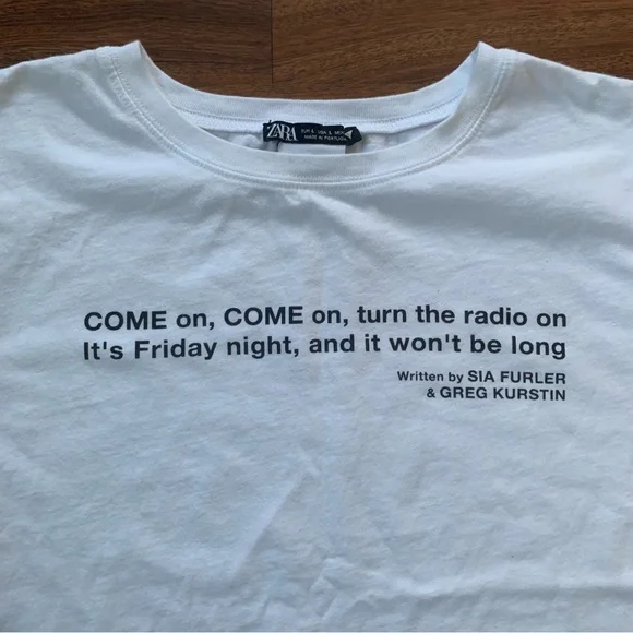 Zara White T-shirt Lyrics to by Sia Women’s Large Band Graphic Music RN 77302 - Picture 2 of 8